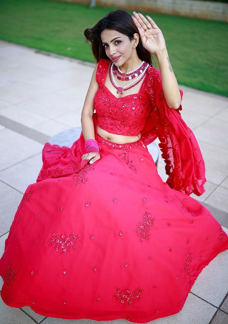 Pink Emboridered Blended Lehenga Choli - Indya
