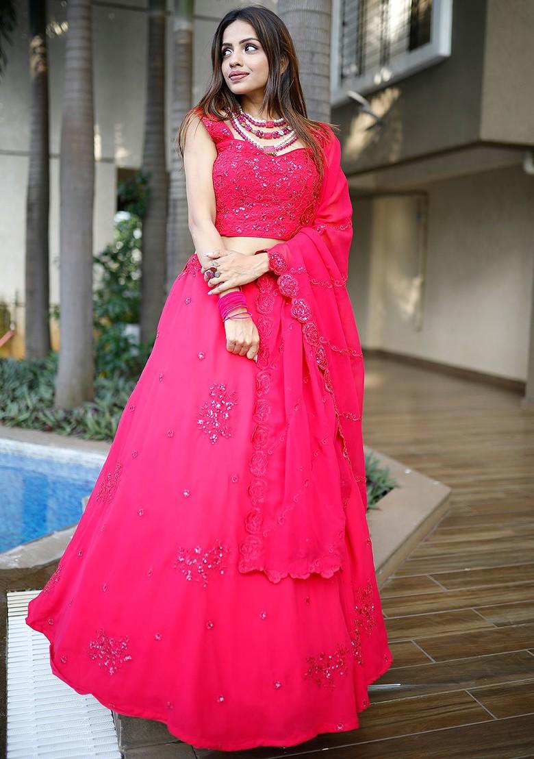 Pink Emboridered Blended Lehenga Choli - Indya