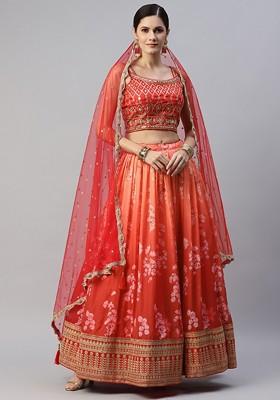 Orange Emboridered Blended Lehenga Choli