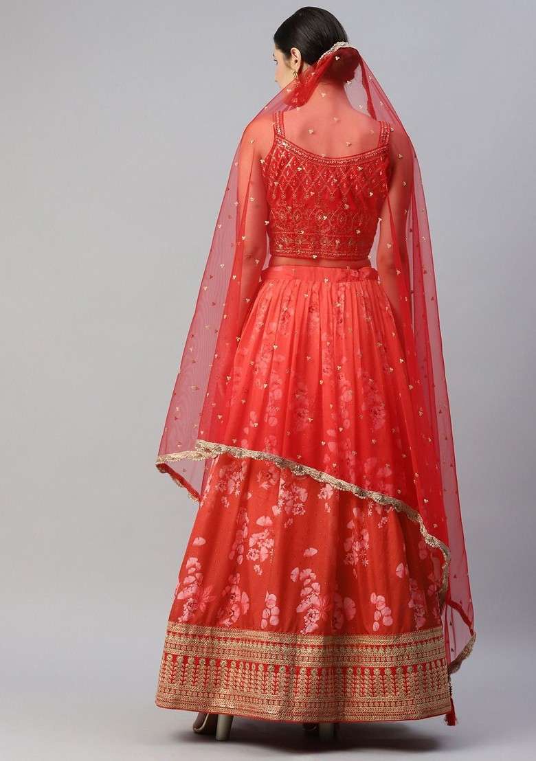 Orange Emboridered Blended Lehenga Choli - Indya