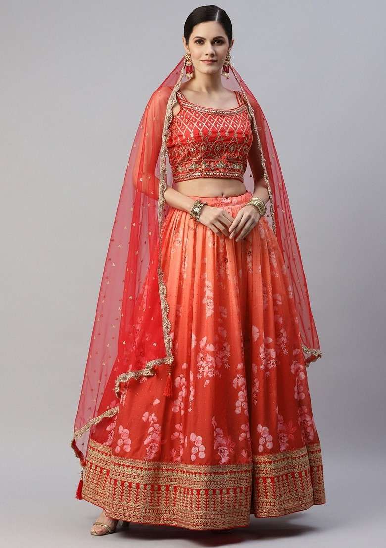 Orange Emboridered Blended Lehenga Choli - Indya