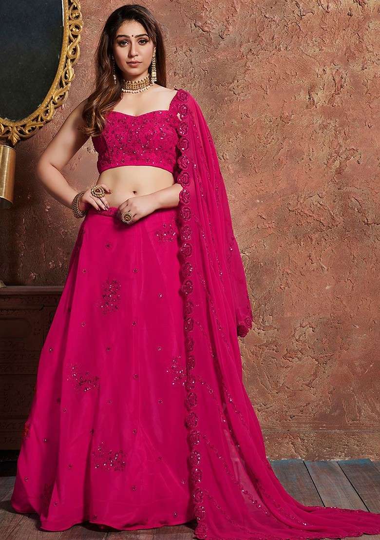 Pink Emboridered Blended Lehenga Choli - Indya