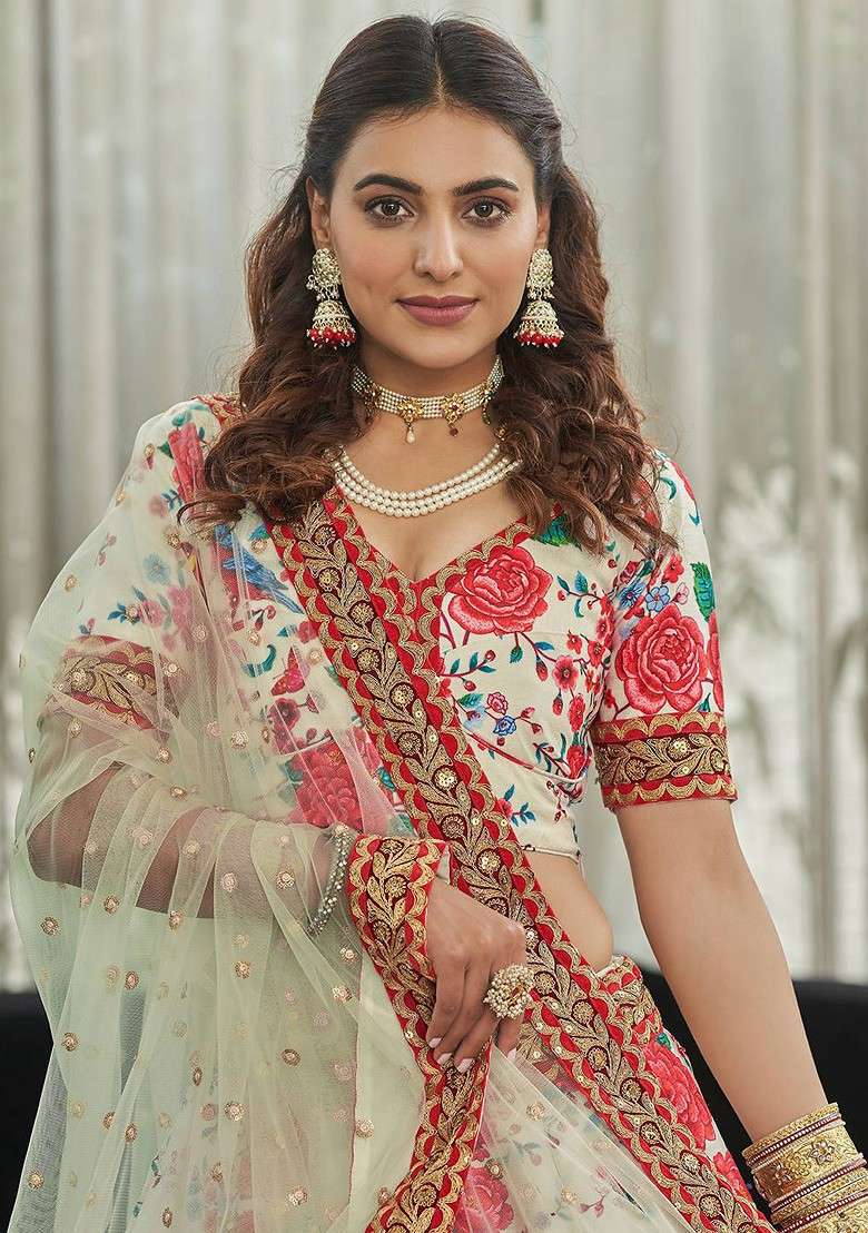 White Embellished Blended Lehenga Choli - Indya