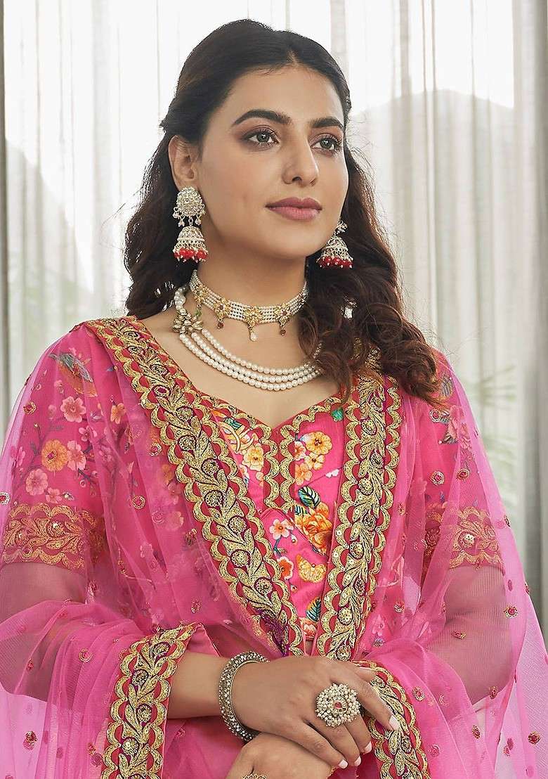 Pink Embellished Blended Lehenga Choli - Indya