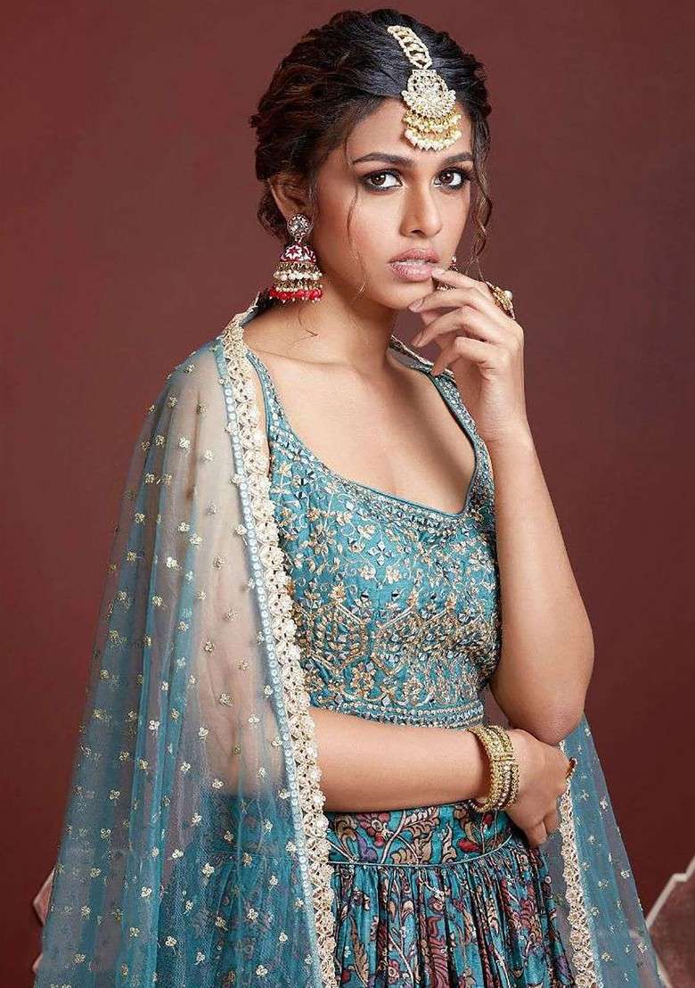 Blue Emboridered Blended Lehenga Choli - Indya