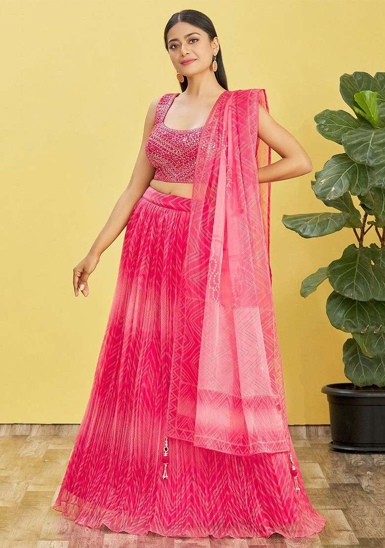 Pink Emboridered Blended Lehenga Choli - Indya