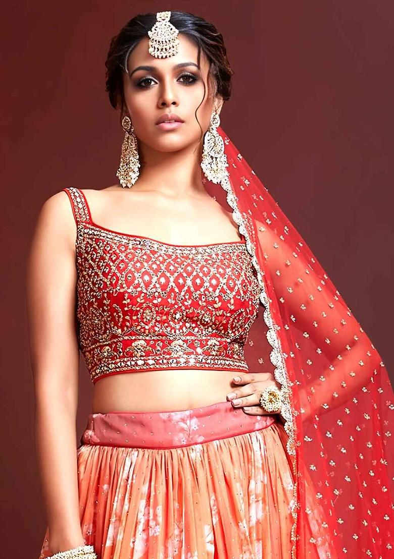Orange Embellished Blended Lehenga Choli - Indya
