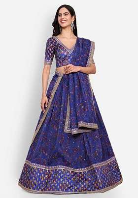 Blue Emboridered Blended Lehenga Choli