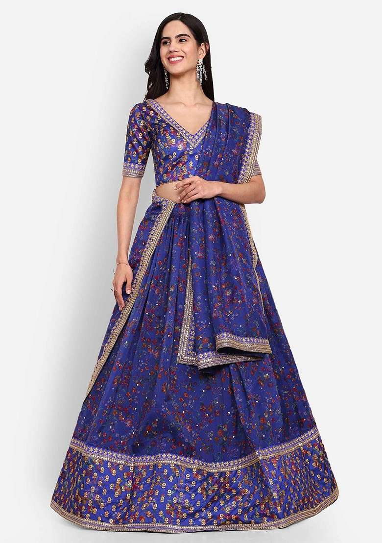 Blue Emboridered Blended Lehenga Choli - Indya