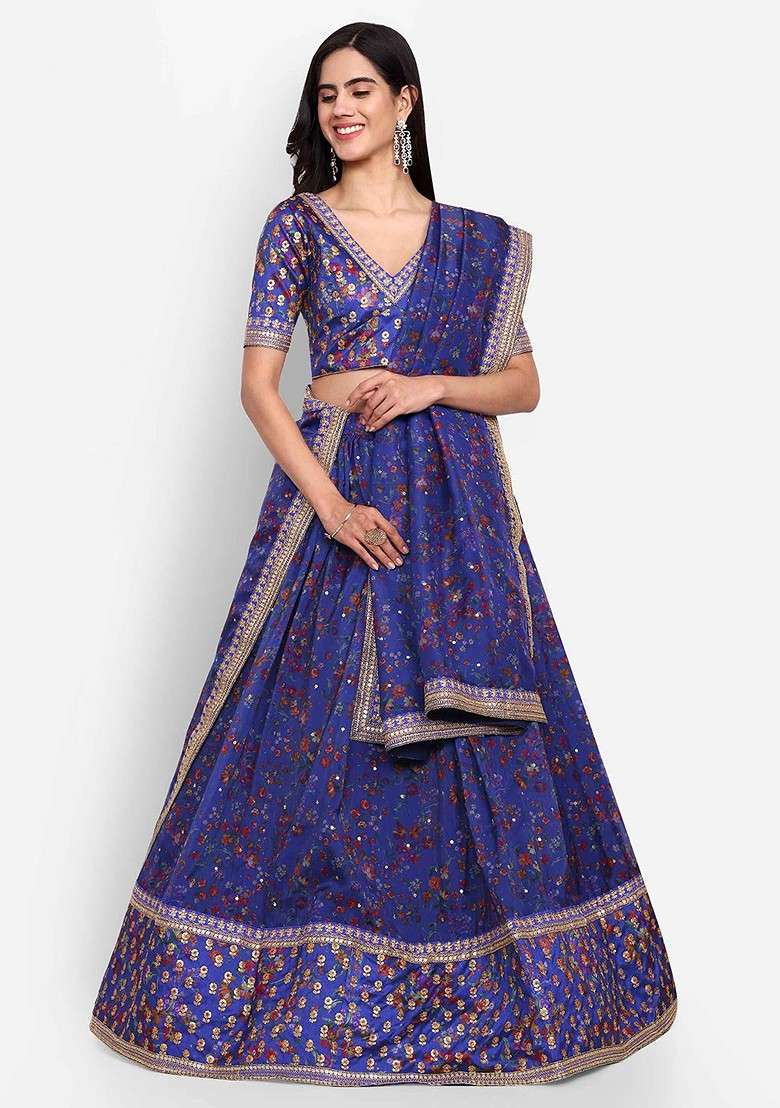 Blue Emboridered Blended Lehenga Choli - Indya