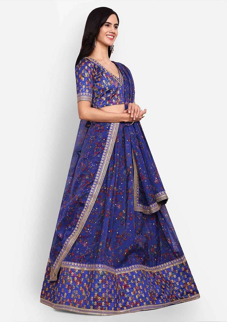Blue Emboridered Blended Lehenga Choli - Indya