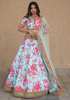 Sea Green Printed Blended Lehenga Choli
