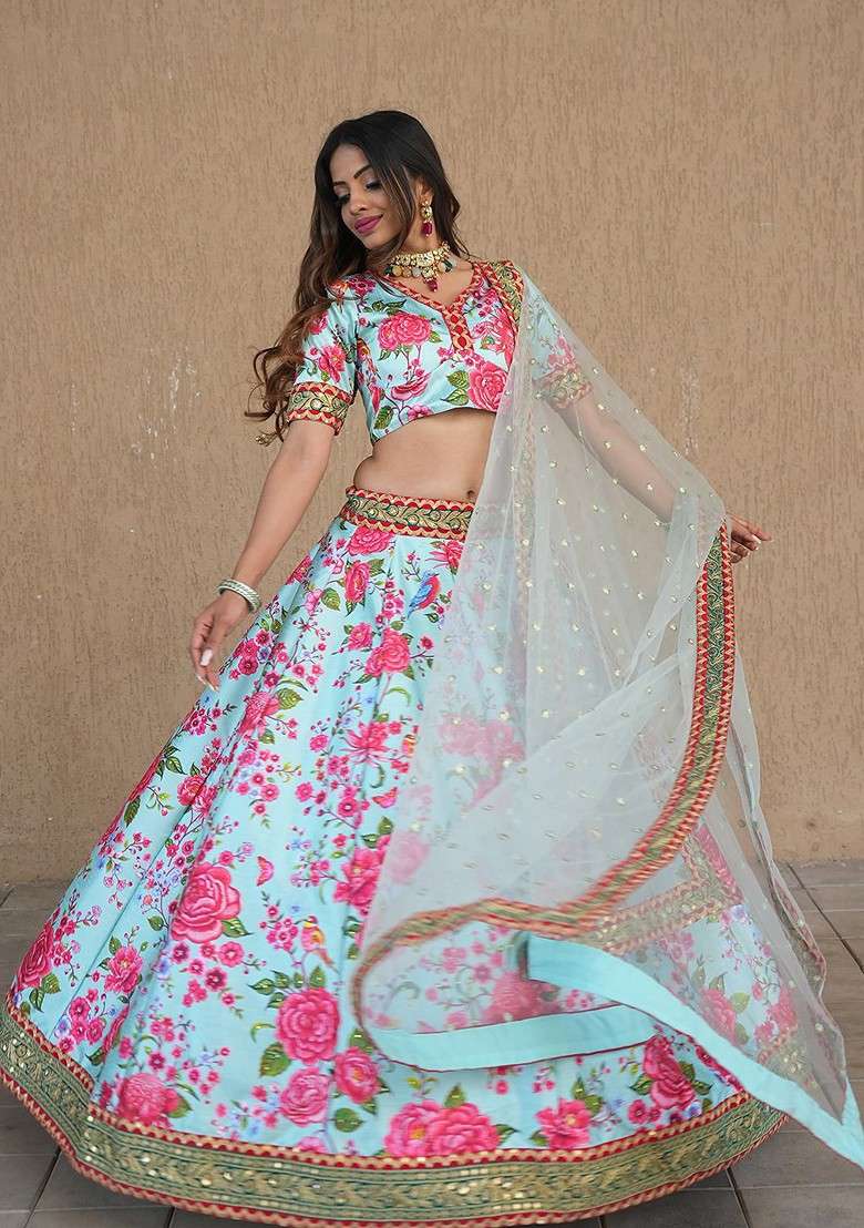 Sea Green Printed Blended Lehenga Choli - Indya