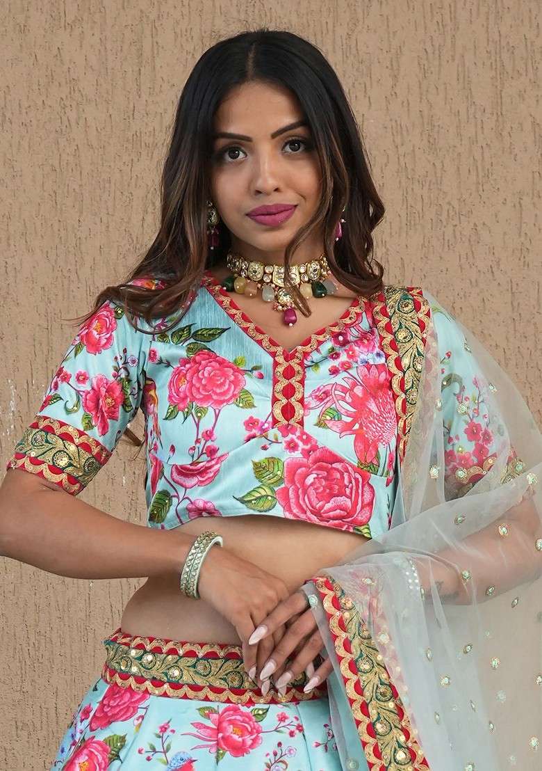 Sea Green Printed Blended Lehenga Choli - Indya