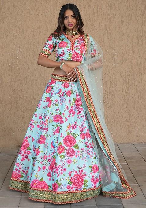 Sea Green Printed Blended Lehenga Choli — view on Indya