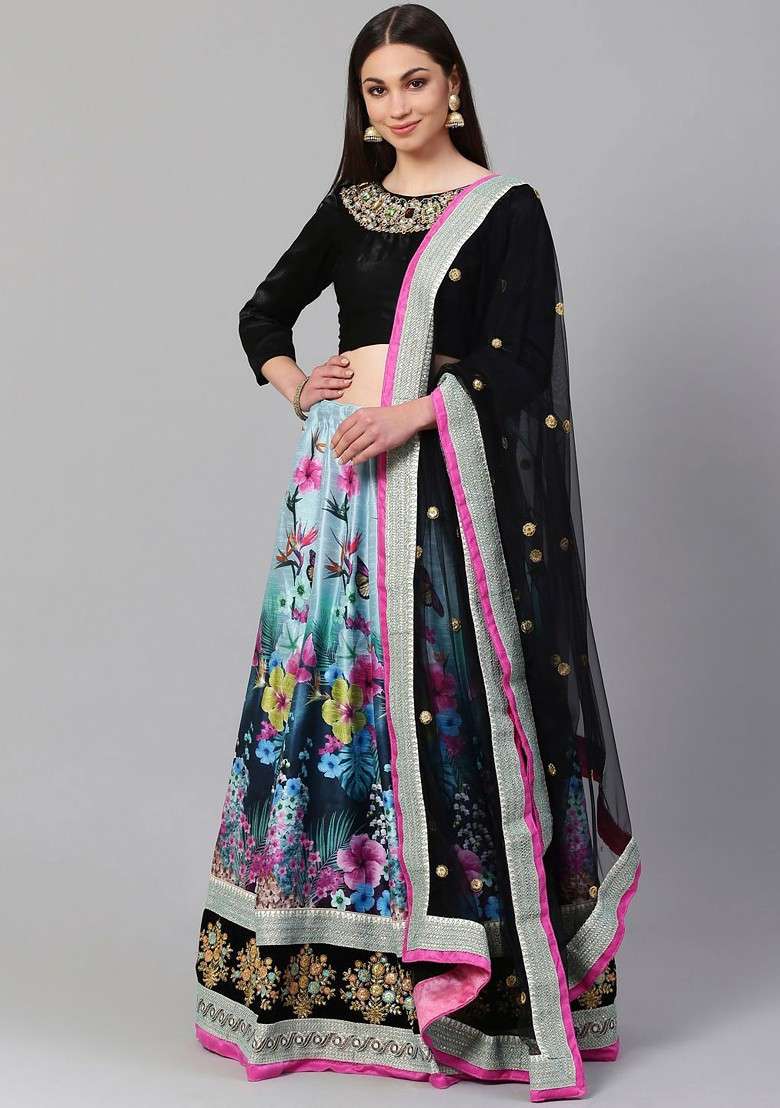 Blue Printed Blended Lehenga Choli - Indya