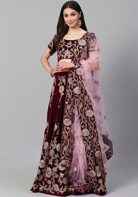 Purple Emboridered Blended Lehenga Choli