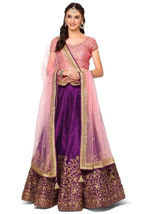 Purple Emboridered Blended Lehenga Choli — view on Indya