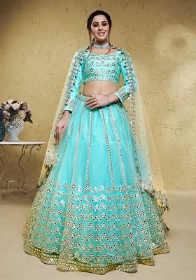 Blue Emboridered Blended Lehenga Choli