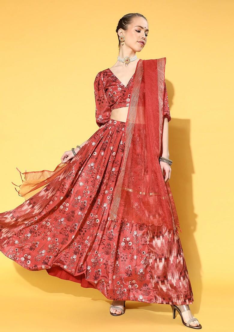 Red Printed Blended Lehenga Choli