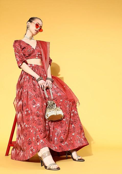 Red Printed Blended Lehenga Choli