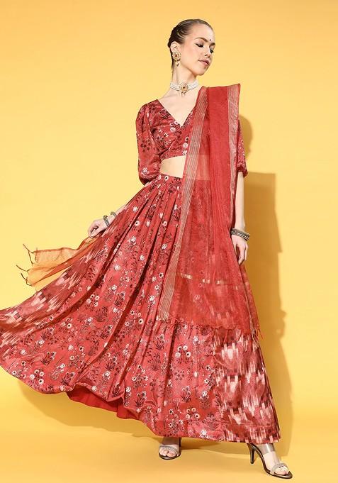Red Printed Blended Lehenga Choli