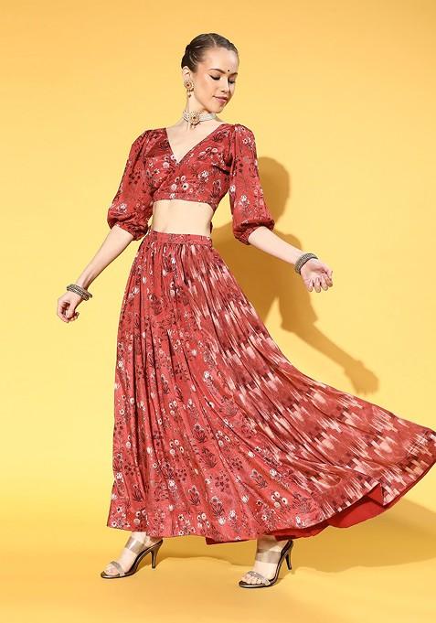 Red Printed Blended Lehenga Choli