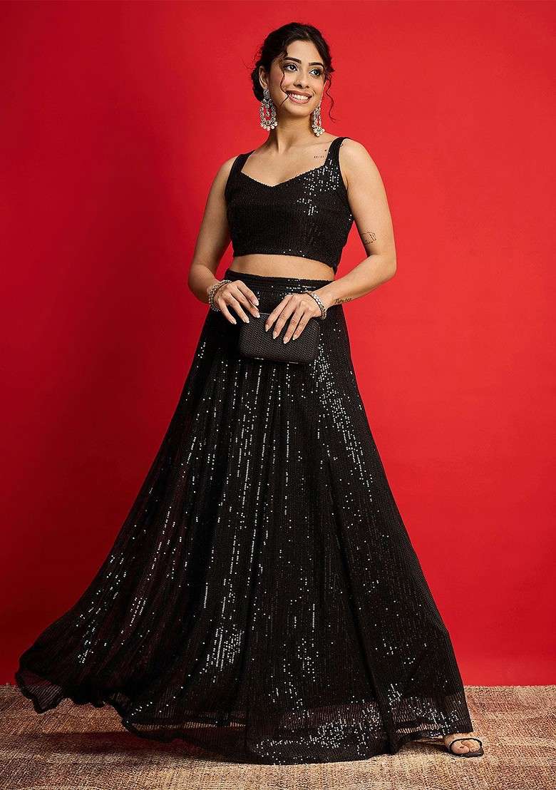 Black Embellished Blended Lehenga Choli for Diwali and Festive Wear - Indya