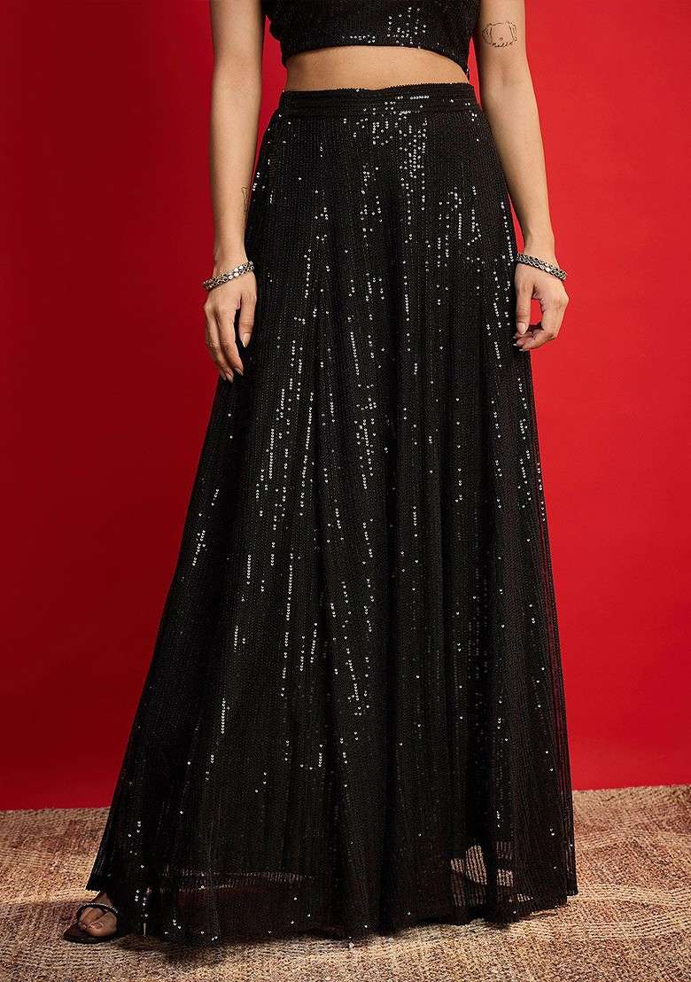 Black Embellished Blended Lehenga Choli for Diwali and Festive Wear - Indya