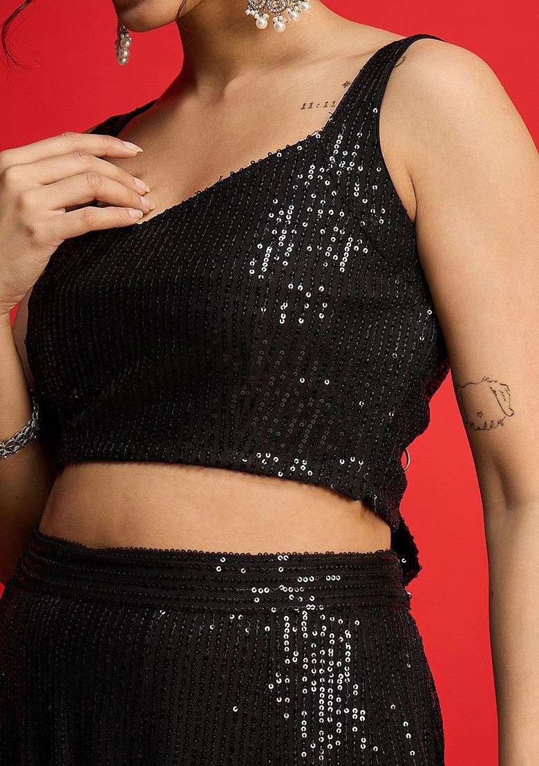 Black Embellished Blended Lehenga Choli for Diwali and Festive Wear - Indya