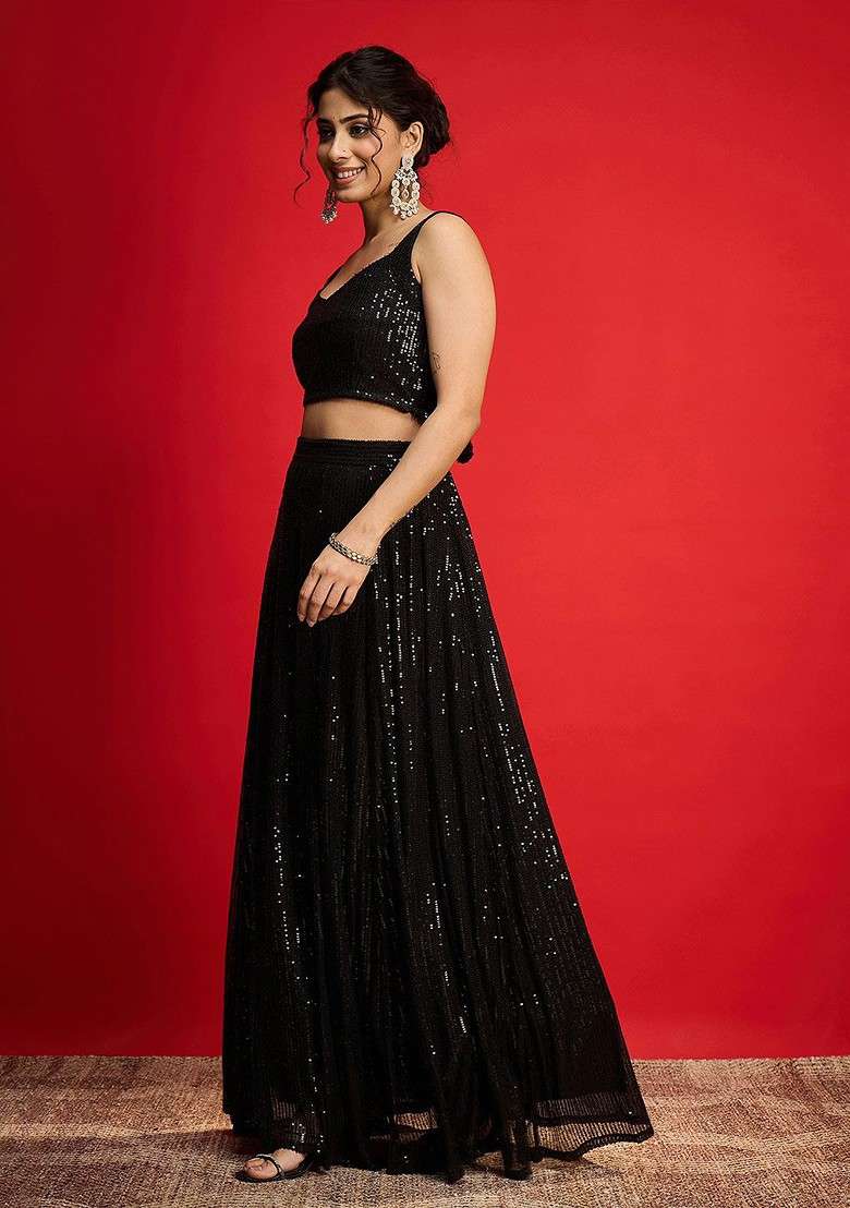 Black Embellished Blended Lehenga Choli for Diwali and Festive Wear - Indya