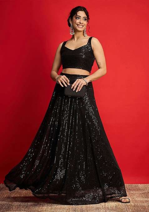 Black Embellished Blended Lehenga Choli for Diwali and Festive Wear