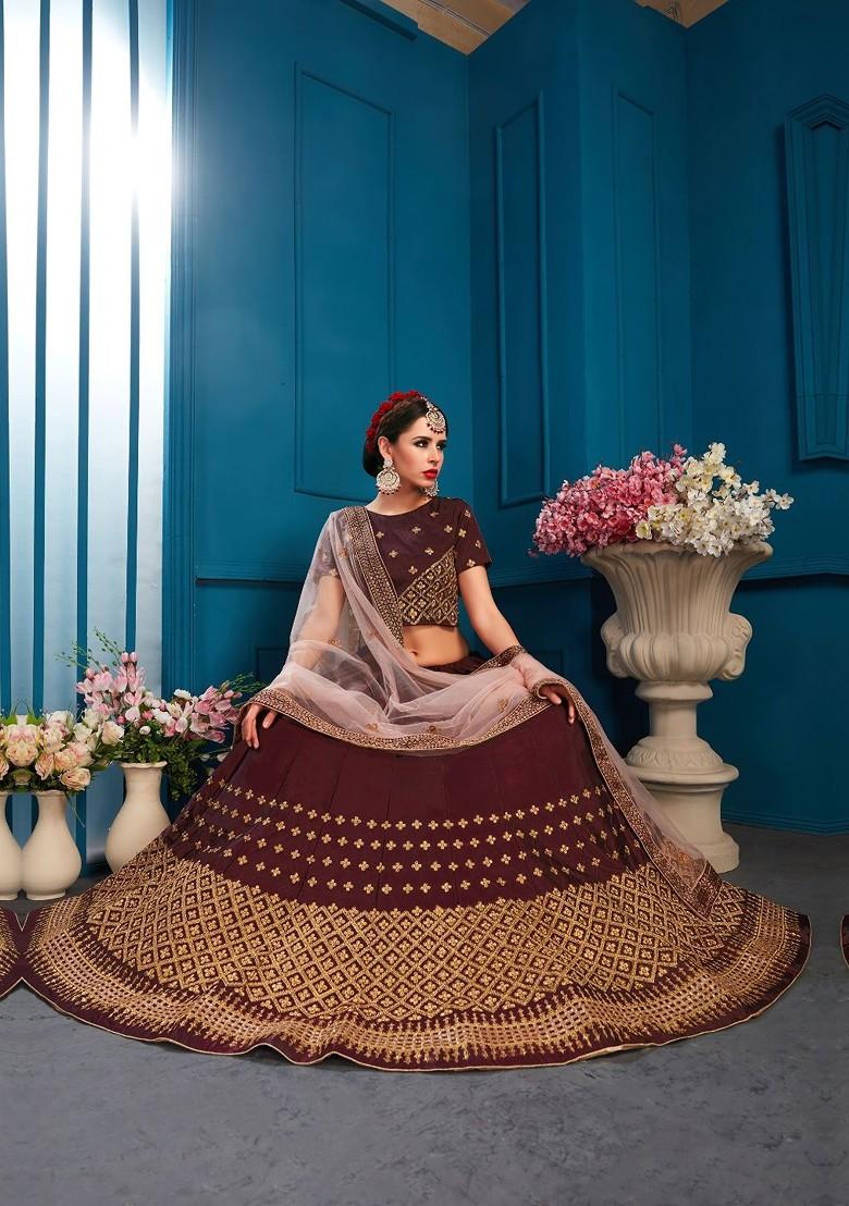 Brown Emboridered Blended Lehenga Choli - Indya