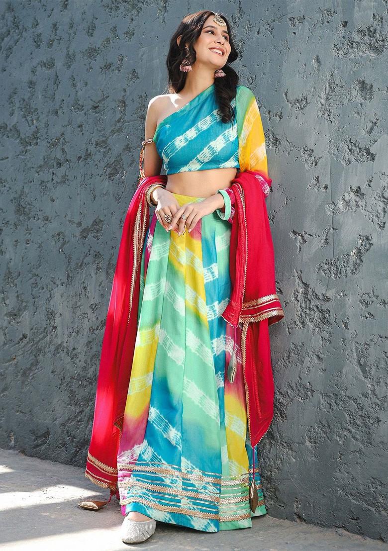 Green Printed Blended Lehenga Choli