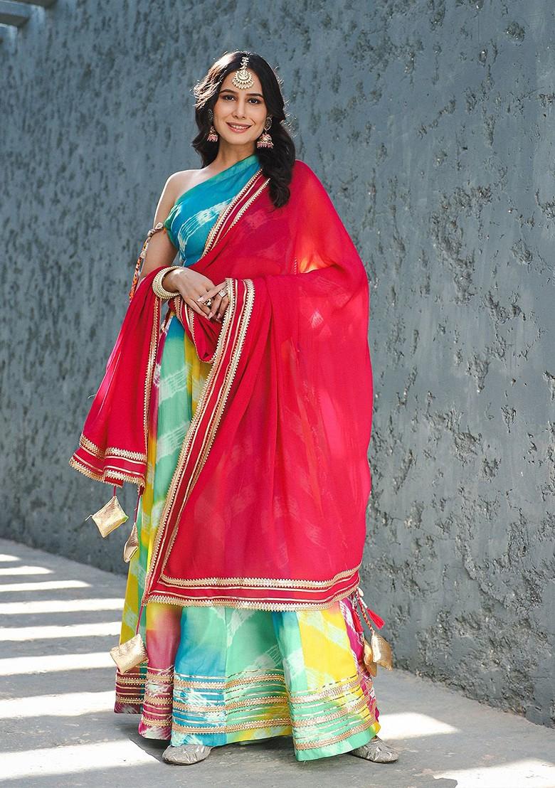 Green Printed Blended Lehenga Choli - Indya