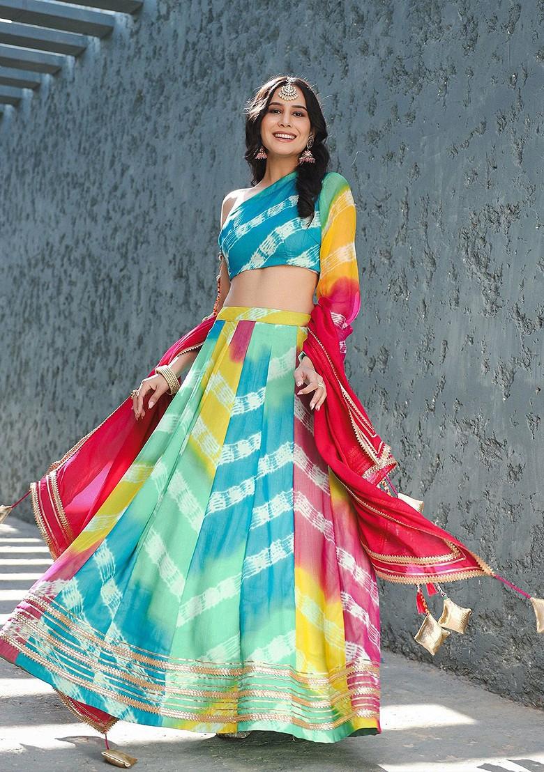 Green Printed Blended Lehenga Choli