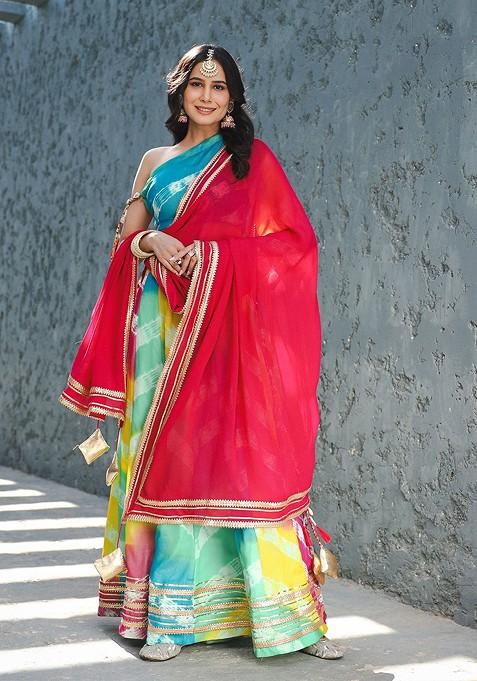 Green Printed Blended Lehenga Choli