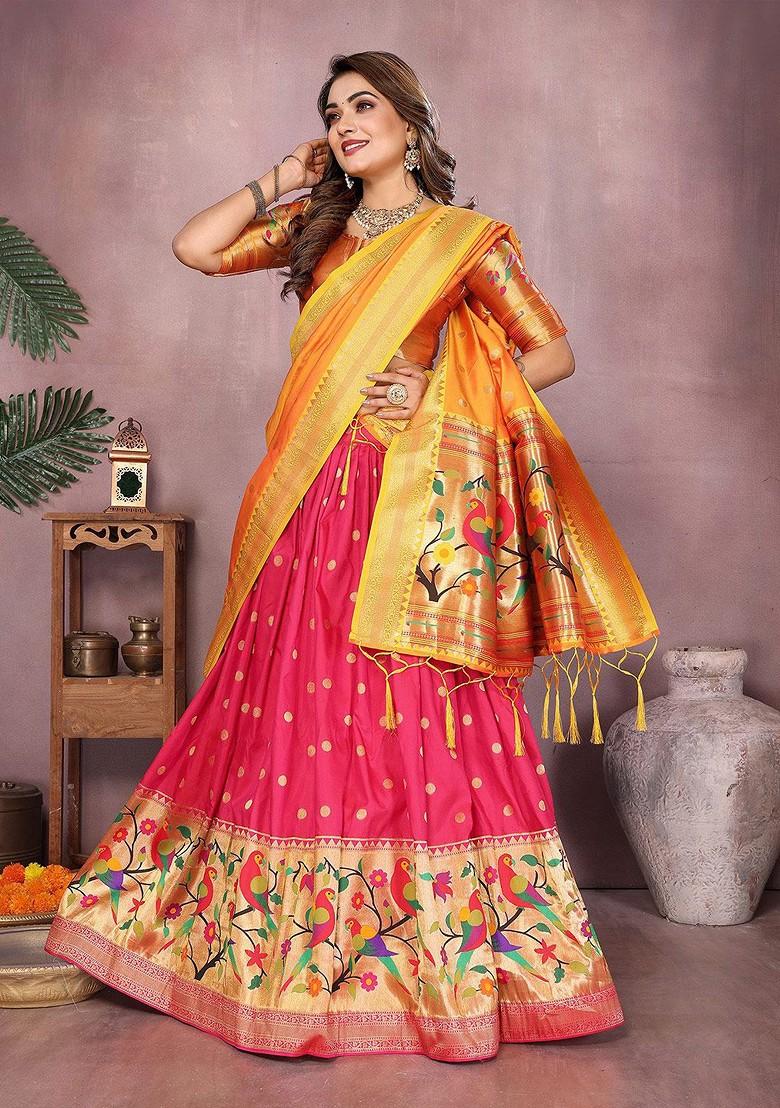 Pink Woven Design Blended Lehenga Choli - Indya