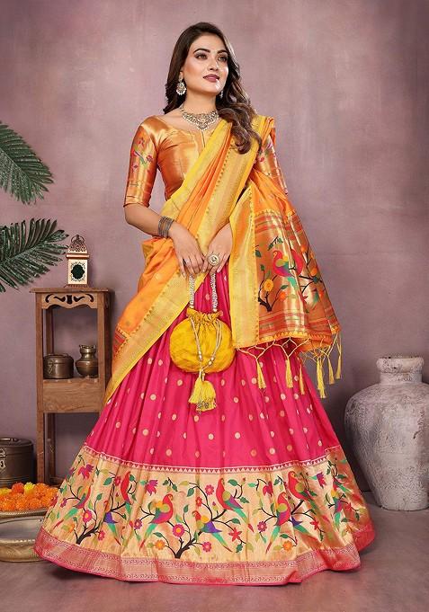 Pink Woven Design Blended Lehenga Choli — view on Indya