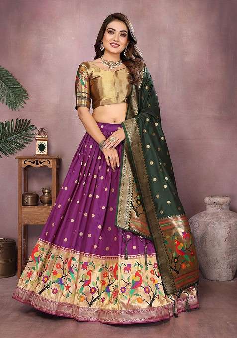 Purple Woven Design Blended Lehenga Choli