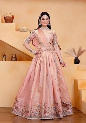 Peach Emboridered Blended Lehenga Choli