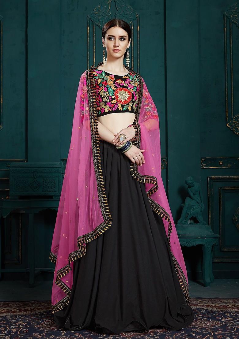 Black Emboridered Blended Lehenga Choli - Indya