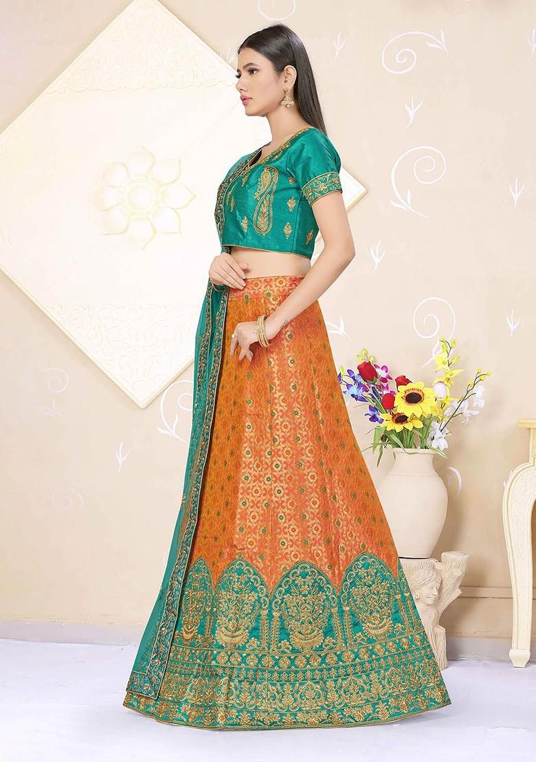 Orange Emboridered Blended Lehenga Choli - Indya