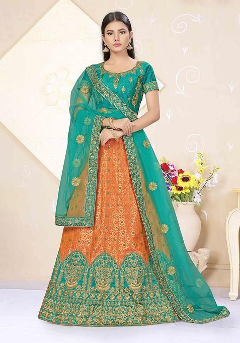 Orange Emboridered Blended Lehenga Choli — view on Indya