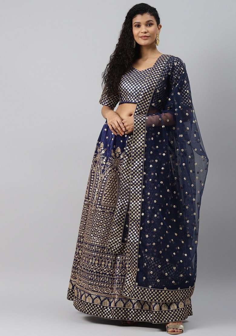 Navy Blue Emboridered Blended Lehenga Choli - Indya