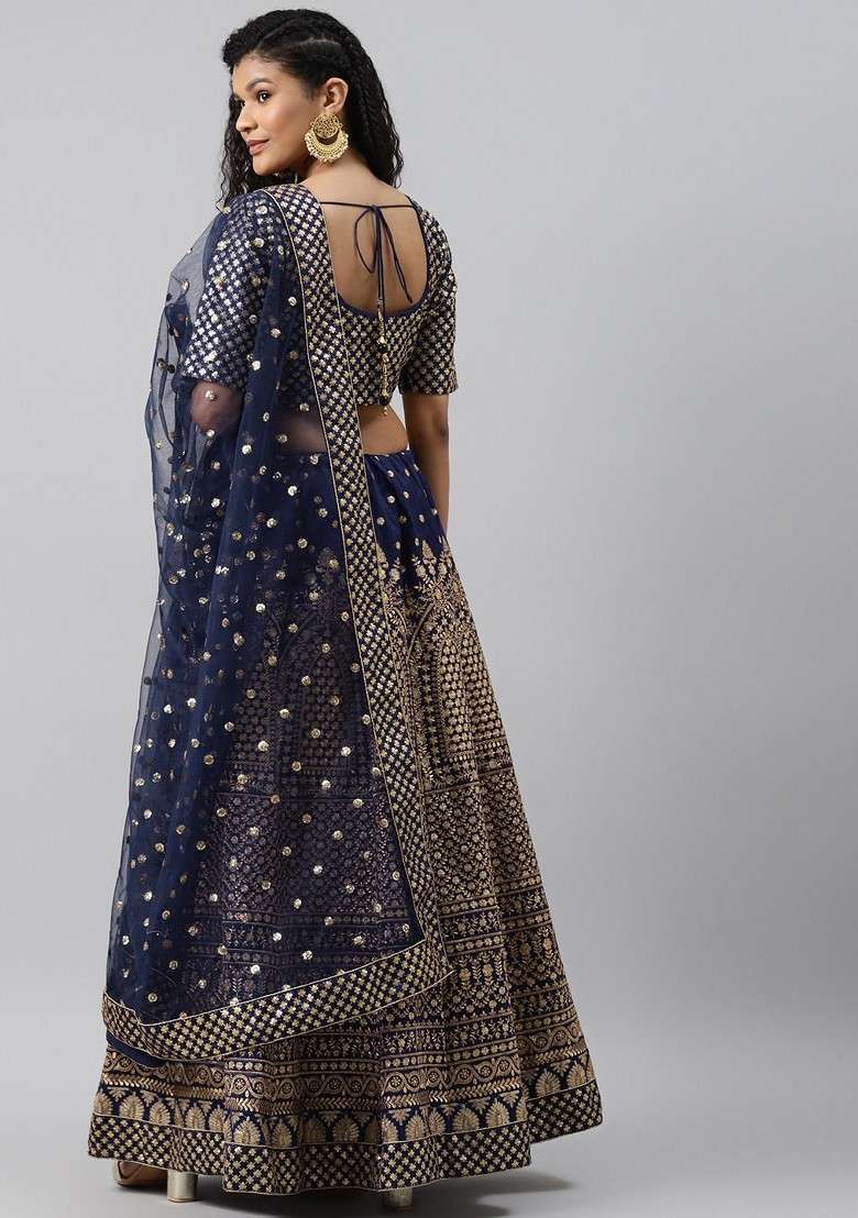Navy Blue Emboridered Blended Lehenga Choli - Indya