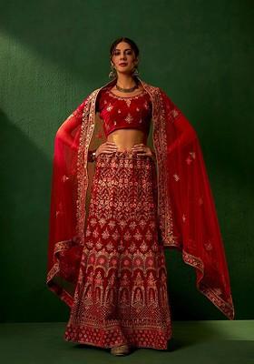 Red Zari Work Blended Lehenga Choli