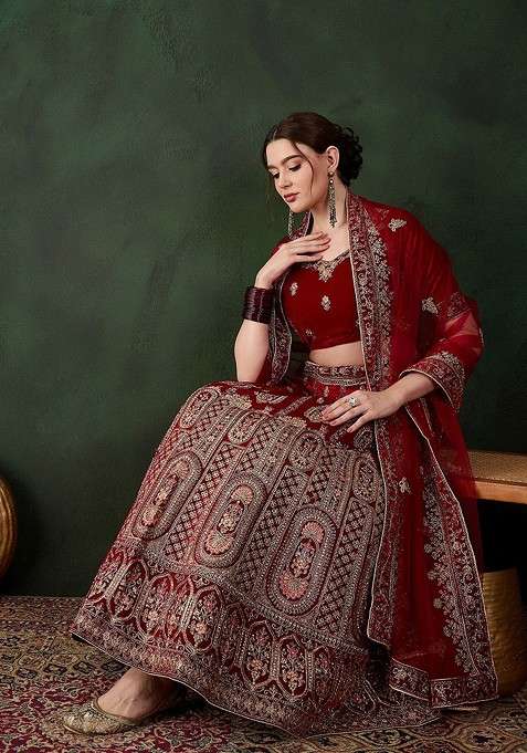 Maroon Emboridered Blended Lehenga Choli
