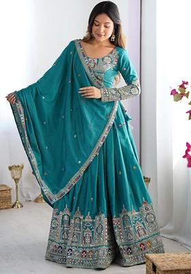 Teal Emboridered Blended Lehenga Choli