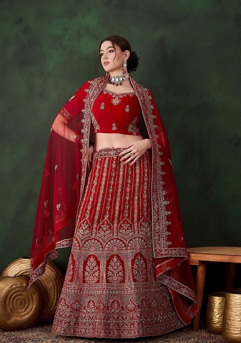 Red Emboridered Blended Lehenga Choli - Indya
